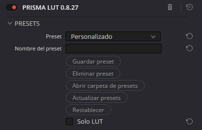 Captura real del apartado de presets de PRISMA LUT, con controles para guardar, eliminar y actualizar presets